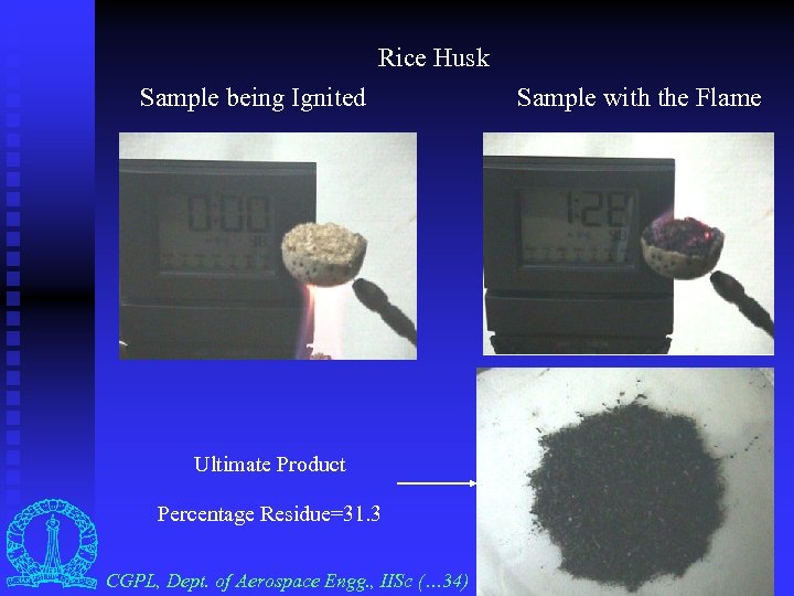 Rice Husk Sample being Ignited Ultimate Product Percentage Residue=31. 3 CGPL, Dept. of Aerospace