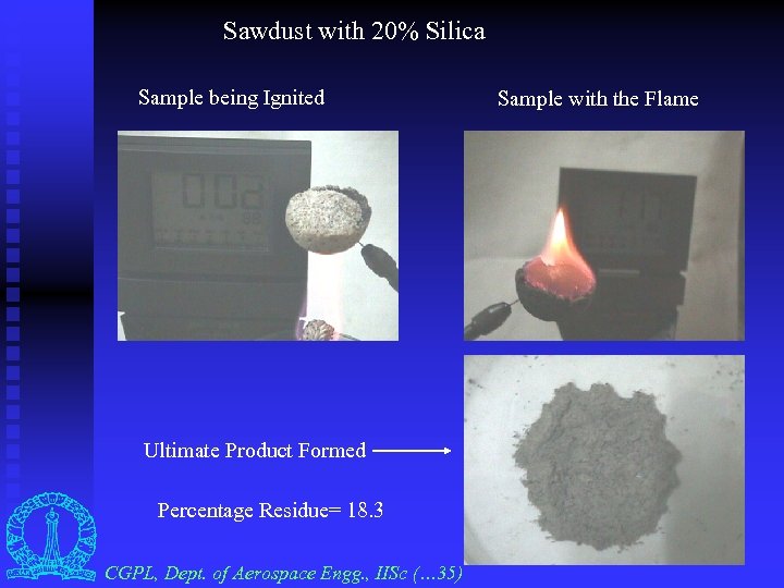 Sawdust with 20% Silica Sample being Ignited Ultimate Product Formed Percentage Residue= 18. 3