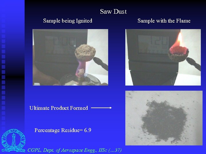 Saw Dust Sample being Ignited Ultimate Product Formed Percentage Residue= 6. 9 CGPL, Dept.