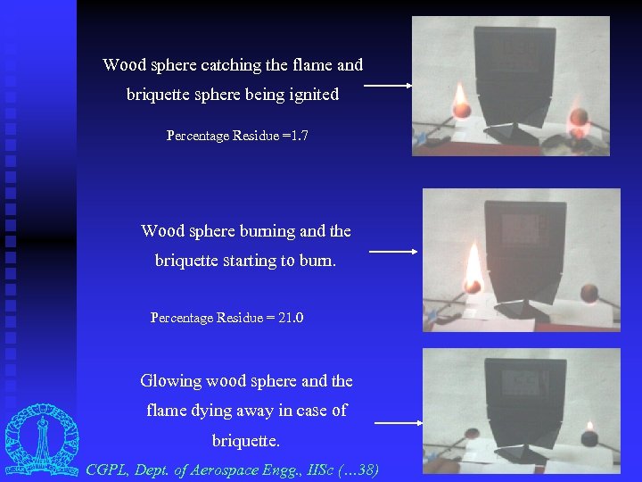 Wood sphere catching the flame and briquette sphere being ignited Percentage Residue =1. 7