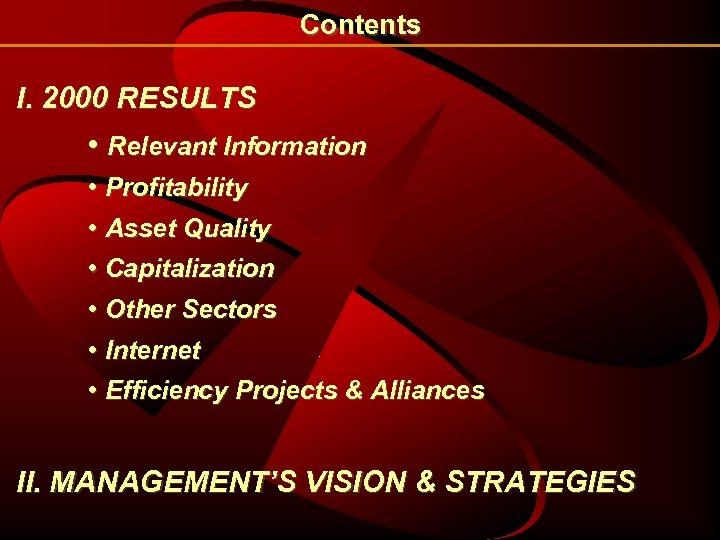 Contents I. 2000 RESULTS • Relevant Information • Profitability • Asset Quality • Capitalization