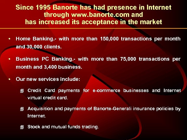 Since 1995 Banorte has had presence in Internet through www. banorte. com and has