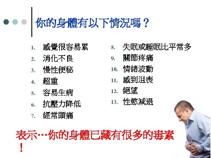 你的身體有以下情況嗎？ 1. 2. 3. 4. 5. 6. 7. 感覺很容易累 消化不良 慢性便秘 超重 容易生病 抗壓力降低