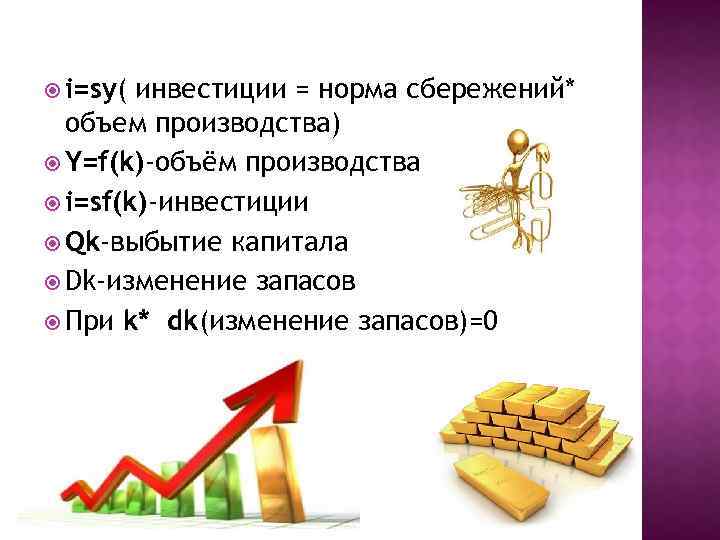  i=sy( инвестиции = норма сбережений* объем производства) Y=f(k)-объём производства i=sf(k)-инвестиции Qk-выбытие капитала Dk-изменение