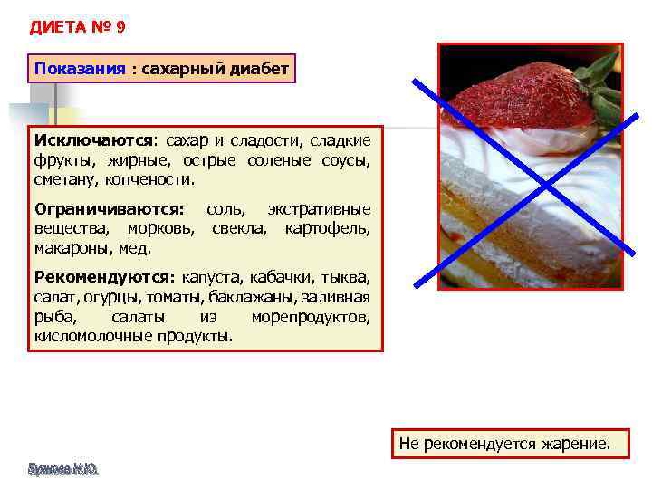 ДИЕТА № 9 Показания : сахарный диабет Исключаются: сахар и сладости, сладкие фрукты, жирные,