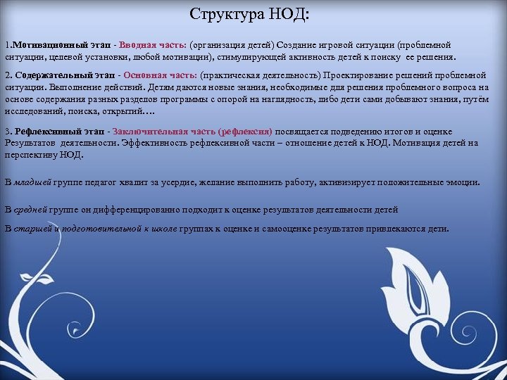 Структура НОД: 1. Мотивационный этап - Вводная часть: (организация детей) Создание игровой ситуации (проблемной