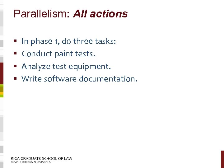 Parallelism: All actions § § In phase 1, do three tasks: Conduct paint tests.
