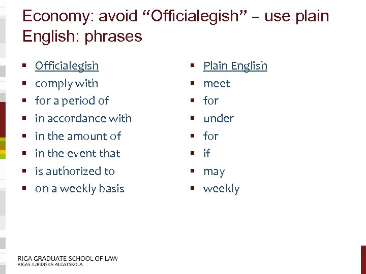 Economy: avoid “Officialegish” – use plain English: phrases § § § § Officialegish comply