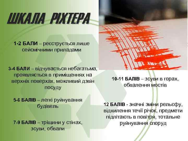 ШКАЛА РІХТЕРА 1 -2 БАЛИ – реєструється лише сейсмічними приладами 3 -4 БАЛИ –