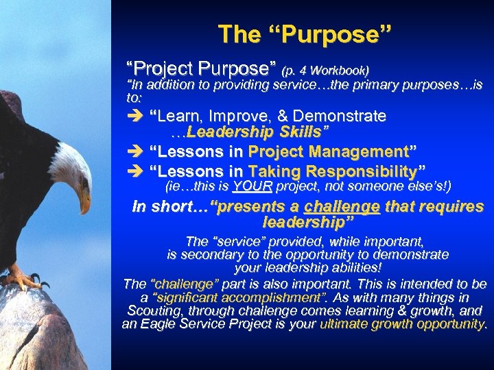 The “Purpose” “Project Purpose” (p. 4 Workbook) “In addition to providing service…the primary purposes…is