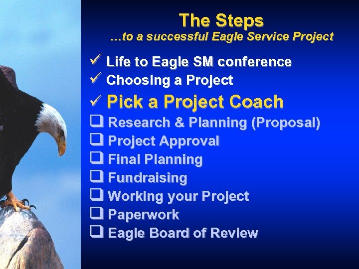 The Steps …to a successful Eagle Service Project ü Life to Eagle SM conference