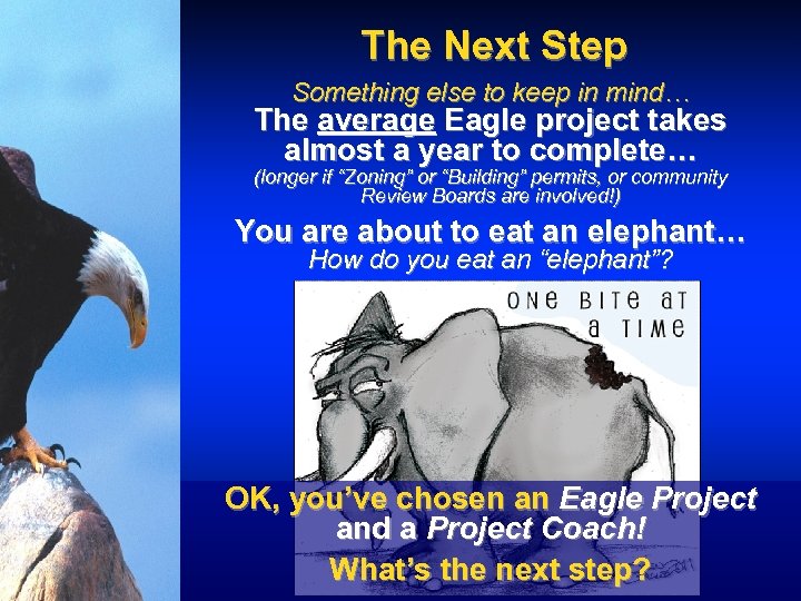 The Next Step Something else to keep in mind… The average Eagle project takes