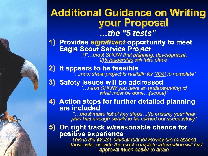 Additional Guidance on Writing your Proposal …the “ 5 tests” 1) Provides significant opportunity