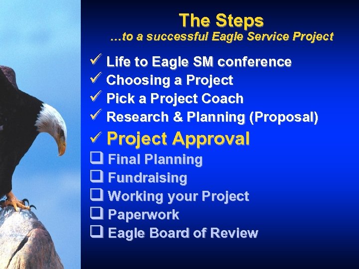 The Steps …to a successful Eagle Service Project ü Life to Eagle SM conference