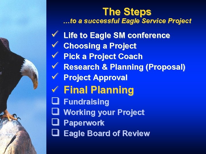 The Steps …to a successful Eagle Service Project ü ü ü q q Life