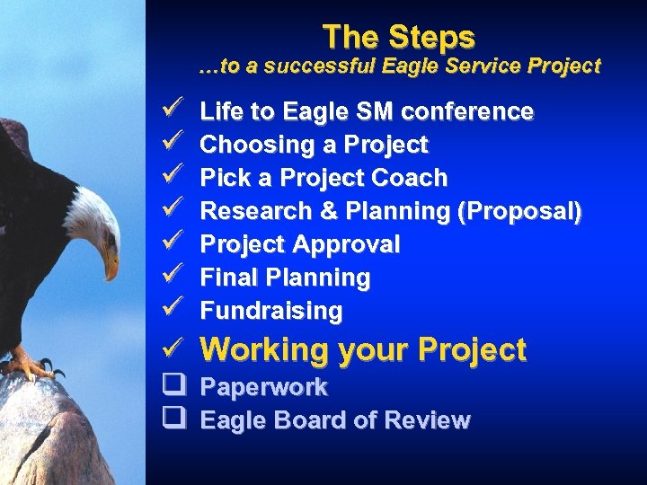 The Steps …to a successful Eagle Service Project ü ü ü ü q q