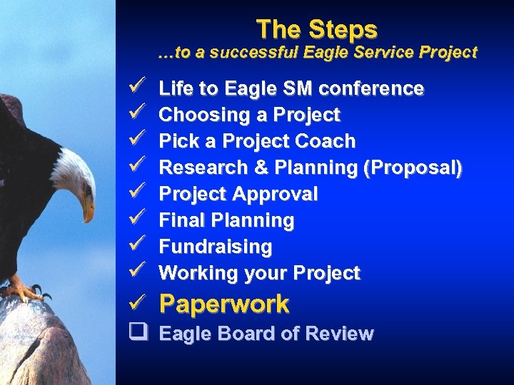 The Steps …to a successful Eagle Service Project ü ü ü ü ü q
