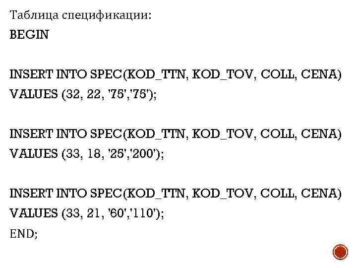 Таблица спецификации: BEGIN INSERT INTO SPEC(KOD_TTN, KOD_TOV, COLL, CENA) VALUES (32, 22, '75'); INSERT