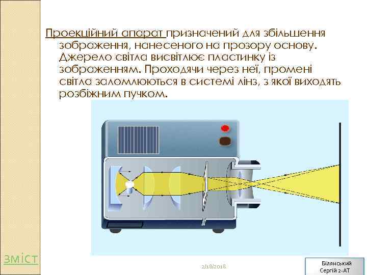 Проекційний апарат призначений для збільшення зображення, нанесеного на прозору основу. Джерело світла висвітлює пластинку