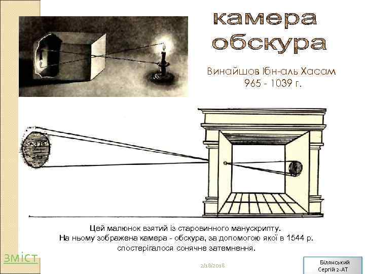 Винайшов Ібн-аль Хасам 965 - 1039 г. зміст Цей малюнок взятий із старовинного манускрипту.