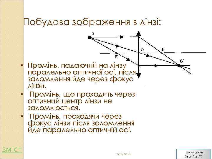 Побудова зображення в лінзі: • Промінь, падаючий на лінзу паралельно оптичної осі, після заломлення