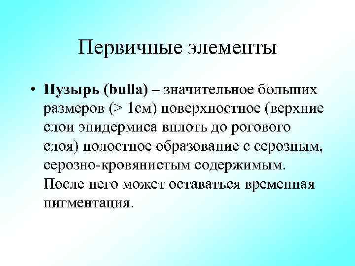 Первичные элементы • Пузырь (bulla) – значительное больших размеров (> 1 см) поверхностное (верхние