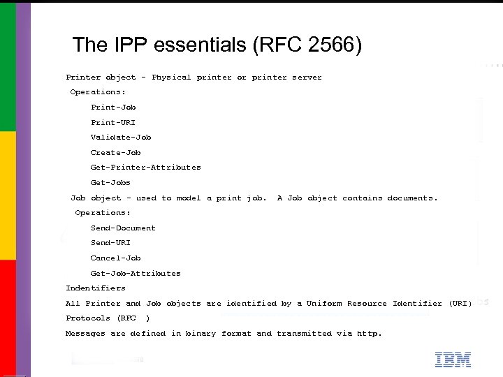 The IPP essentials (RFC 2566) Printer object - Physical printer or printer server Operations: