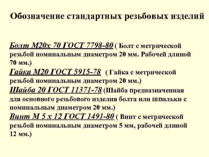 Обозначение стандартных резьбовых изделий Болт М 20 х 70 ГОСТ 7798 -80 ( Болт