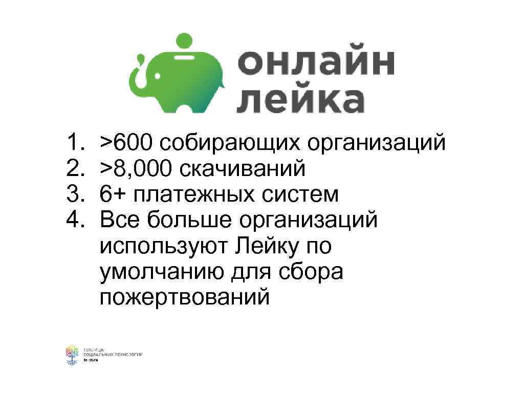 1. 2. 3. 4. >600 собирающих организаций >8, 000 скачиваний 6+ платежных систем Все