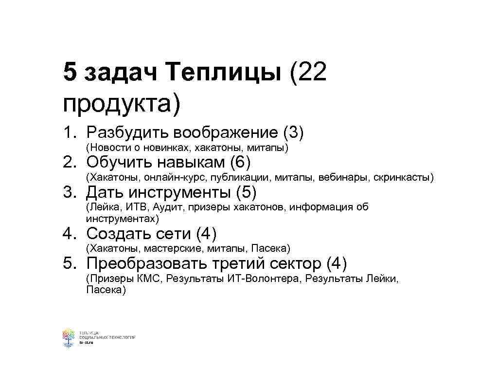 5 задач Теплицы (22 продукта) 1. Разбудить воображение (3) (Новости о новинках, хакатоны, митапы)