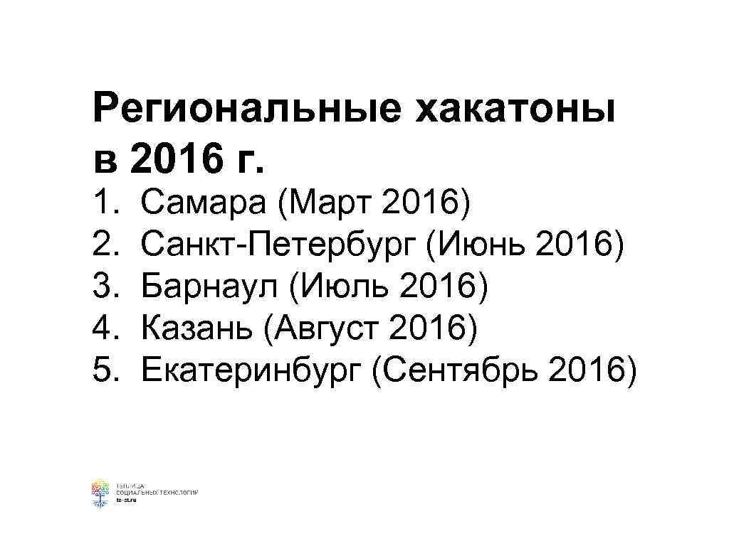 Региональные хакатоны в 2016 г. 1. 2. 3. 4. 5. Самара (Март 2016) Санкт-Петербург