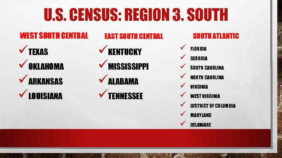 U. S. CENSUS: REGION 3. SOUTH WEST SOUTH CENTRAL üTEXAS üOKLAHOMA üARKANSAS üLOUISIANA SOUTH