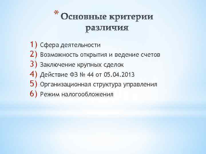 * 1) 2) 3) 4) 5) 6) Сфера деятельности Возможность открытия и ведение счетов