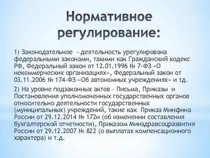1) Законодательное - деятельность урегулирована федеральными законами, такими как Гражданский кодекс РФ, Федеральный закон