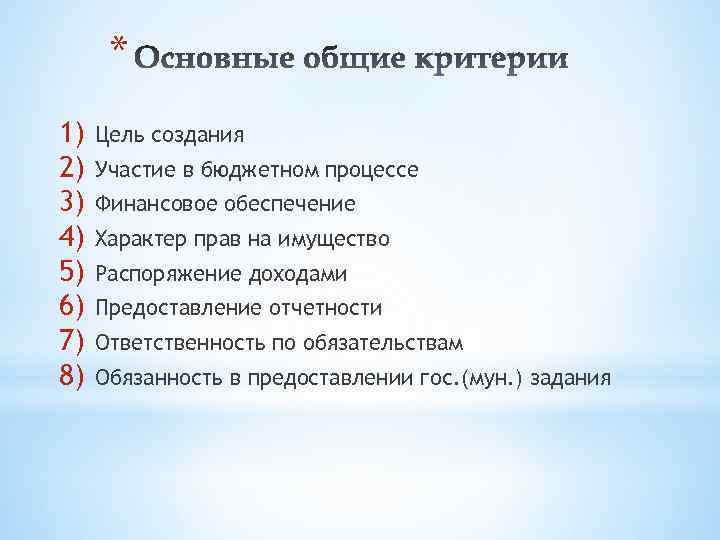 * 1) 2) 3) 4) 5) 6) 7) 8) Цель создания Участие в бюджетном