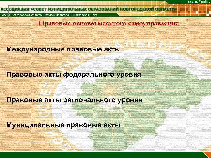 Правовые основы местного самоуправления Международные правовые акты Правовые акты федерального уровня Правовые акты регионального