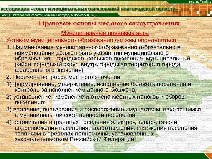 Правовые основы местного самоуправления Муниципальные правовые акты Уставом муниципального образования должны определяться: 1. Наименование