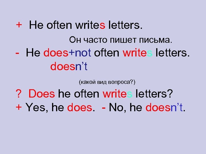 + He often writes letters. Он часто пишет письма. - He does+not often writes