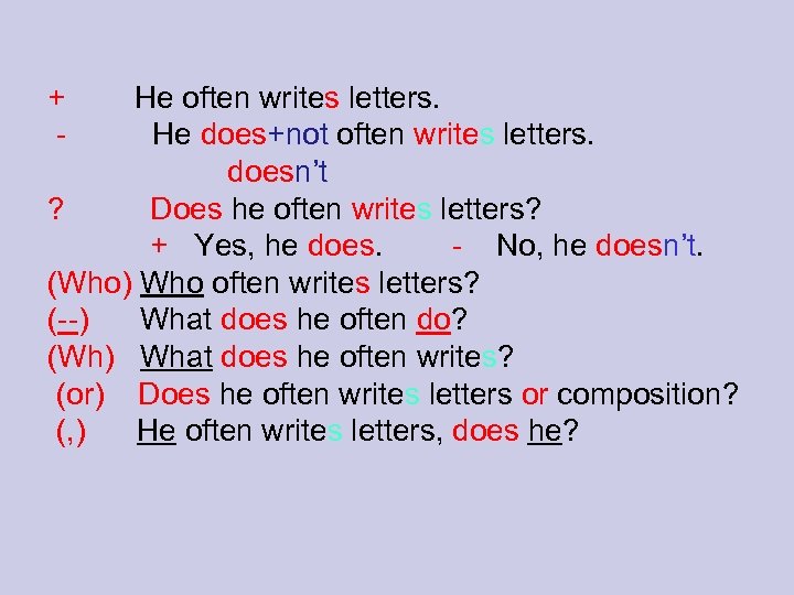 + - He often writes letters. He does+not often writes letters. doesn’t ? Does