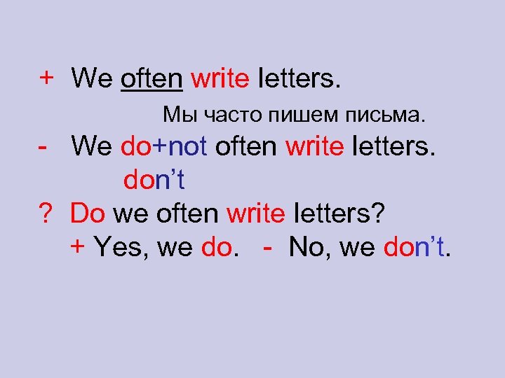 + We often write letters. Мы часто пишем письма. - We do+not often write