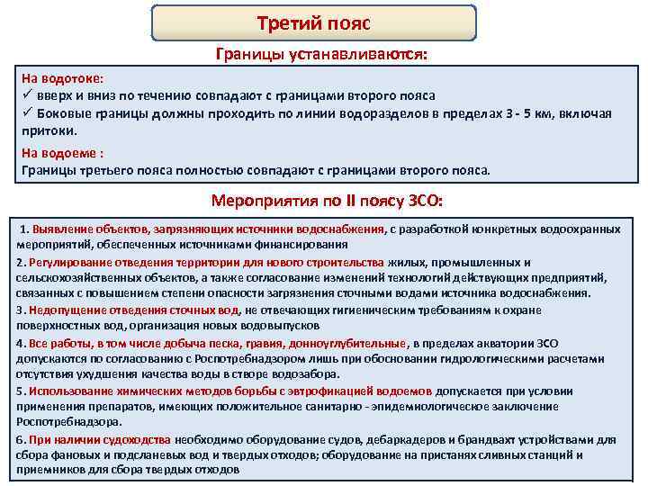 Третий пояс Границы устанавливаются: На водотоке: ü вверх и вниз по течению совпадают с