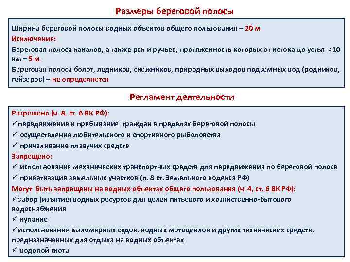 Размеры береговой полосы Ширина береговой полосы водных объектов общего пользования – 20 м Исключение: