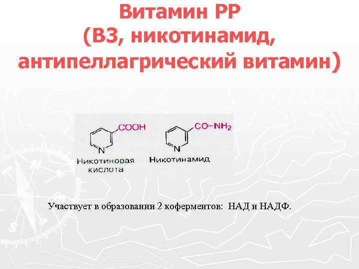 Витамин РР (В 3, никотинамид, антипеллагрический витамин) Участвует в образовании 2 коферментов: НАД и