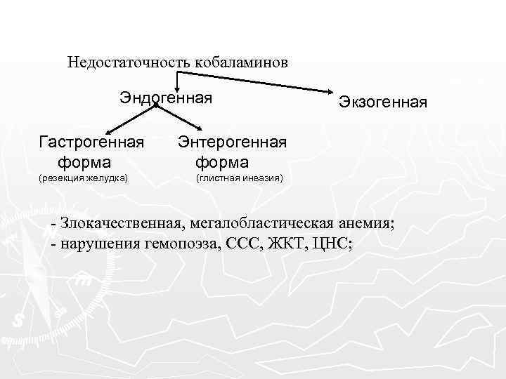 Недостаточность кобаламинов Эндогенная Гастрогенная форма (резекция желудка) Экзогенная Энтерогенная форма (глистная инвазия) - Злокачественная,