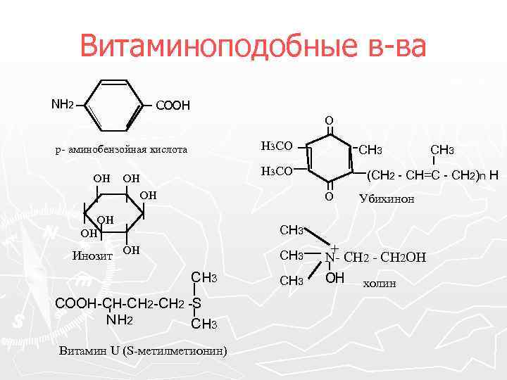 Витаминоподобные в-ва NH 2 СООН О Н 3 СО р- аминобензойная кислота ОН CH