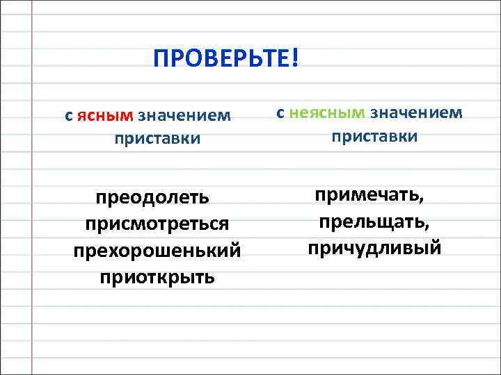 ПРОВЕРЬТЕ! с ясным значением приставки преодолеть присмотреться прехорошенький приоткрыть с неясным значением приставки примечать,