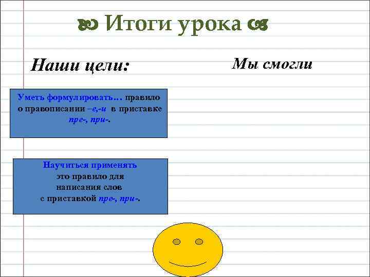  Итоги урока Наши цели: Уметь формулировать… правило о правописании –е, -и в приставке