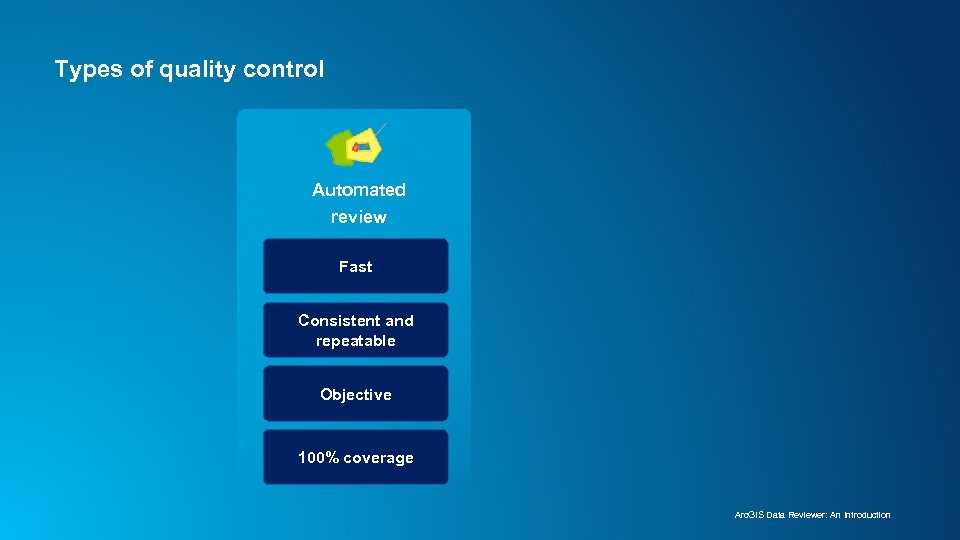 Types of quality control Automated review Fast Consistent and repeatable Objective 100% coverage Arc.