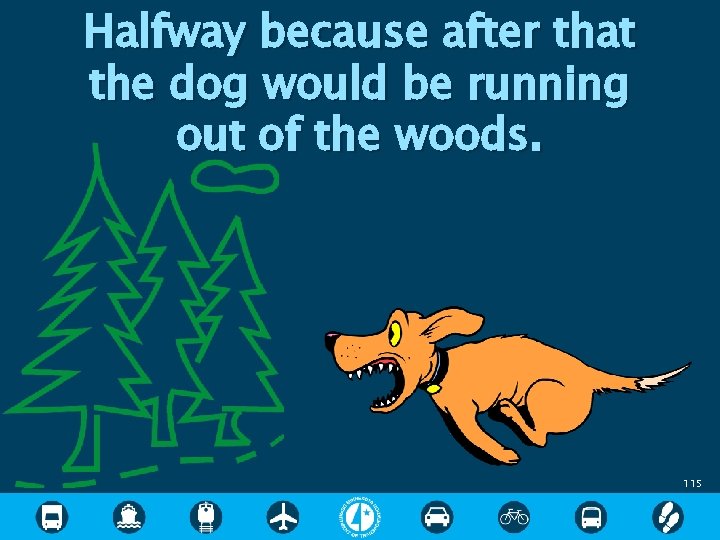 Halfway because after that the dog would be running out of the woods. 115