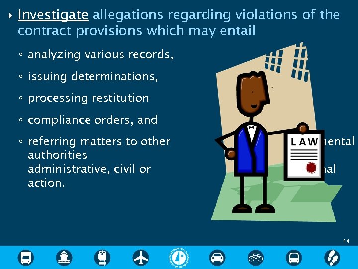  Investigate allegations regarding violations of the contract provisions which may entail ◦ analyzing